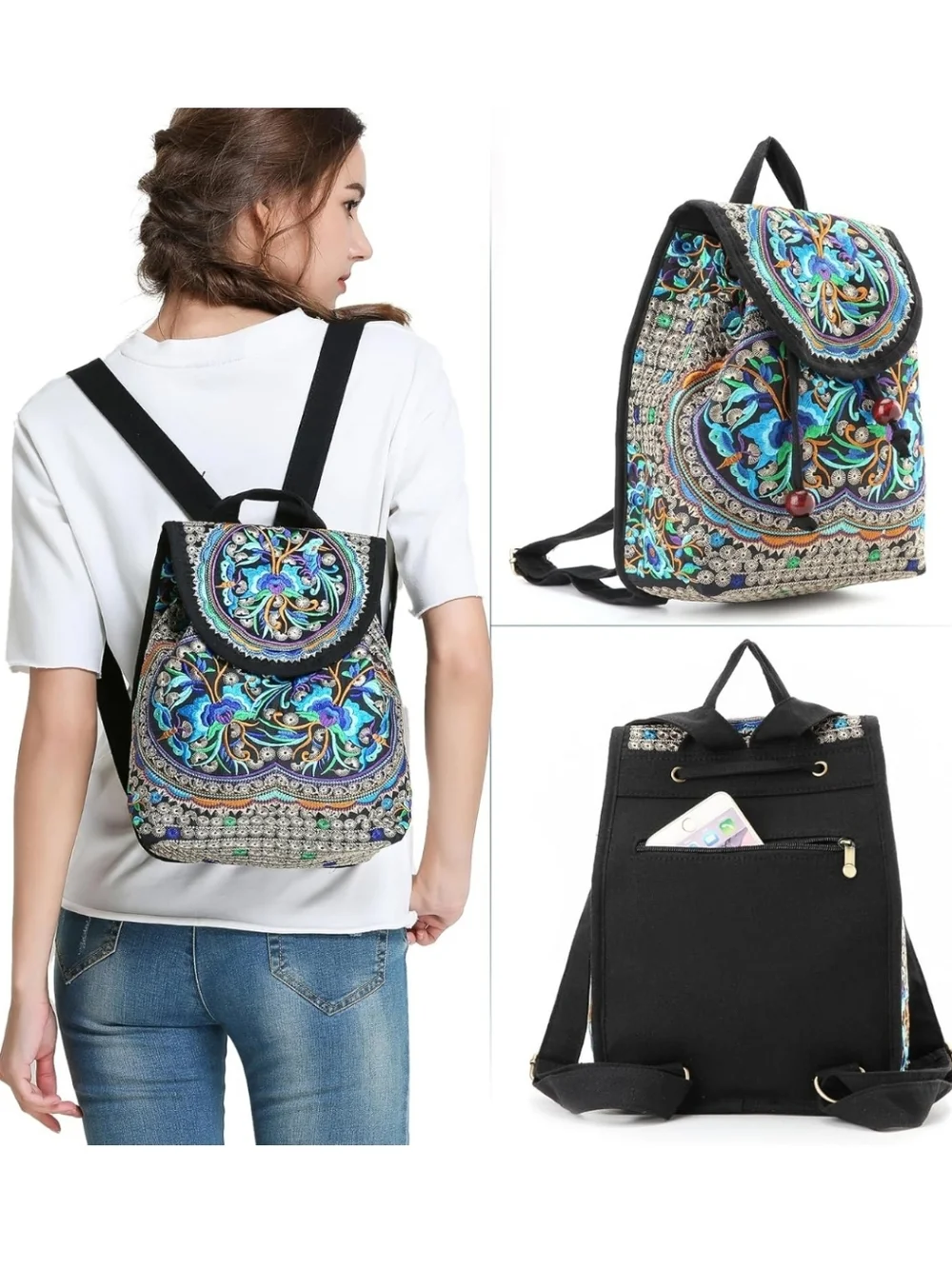 💙 Embroidered Boho Black & Blue Floral Backpack and Crossbody Purse 2pc